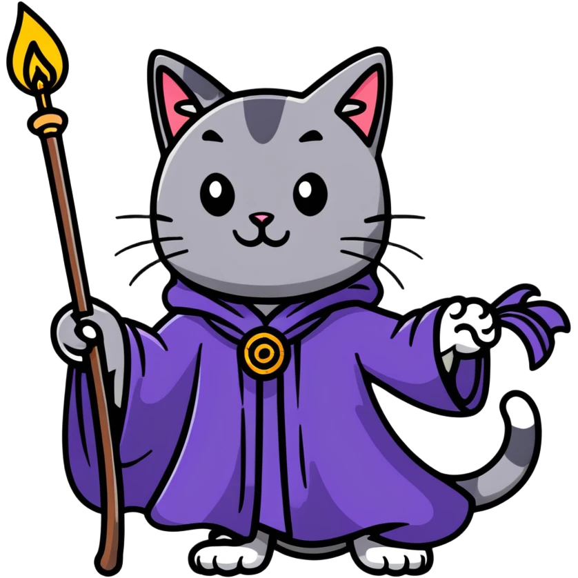 A cat wizard casting a spell with magical staff and flowing robes emoji