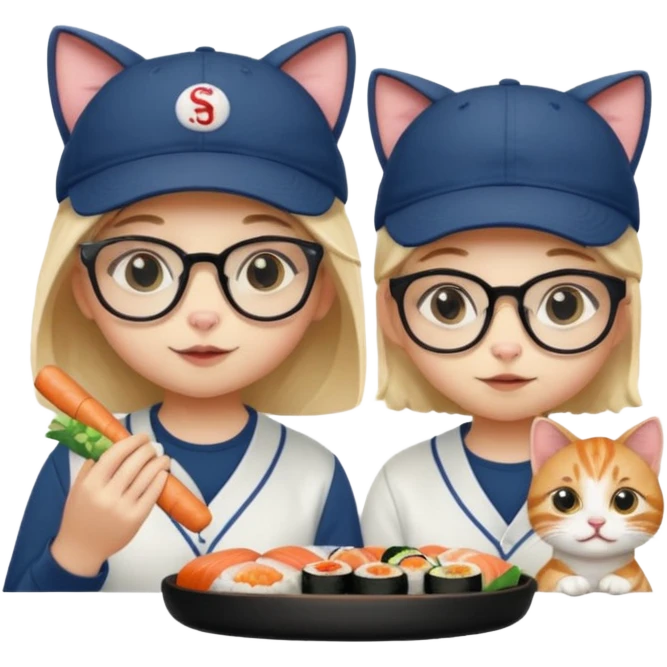 cute girl cat wearing glasses and a cute boy cat wearing a baseball cap eating sushi together emoji