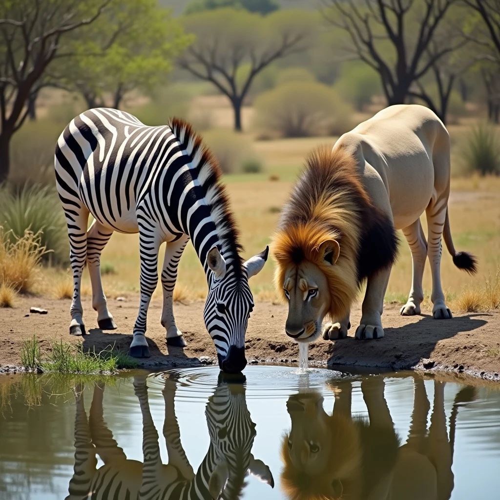 zebra and lion drinking water from pond emoji