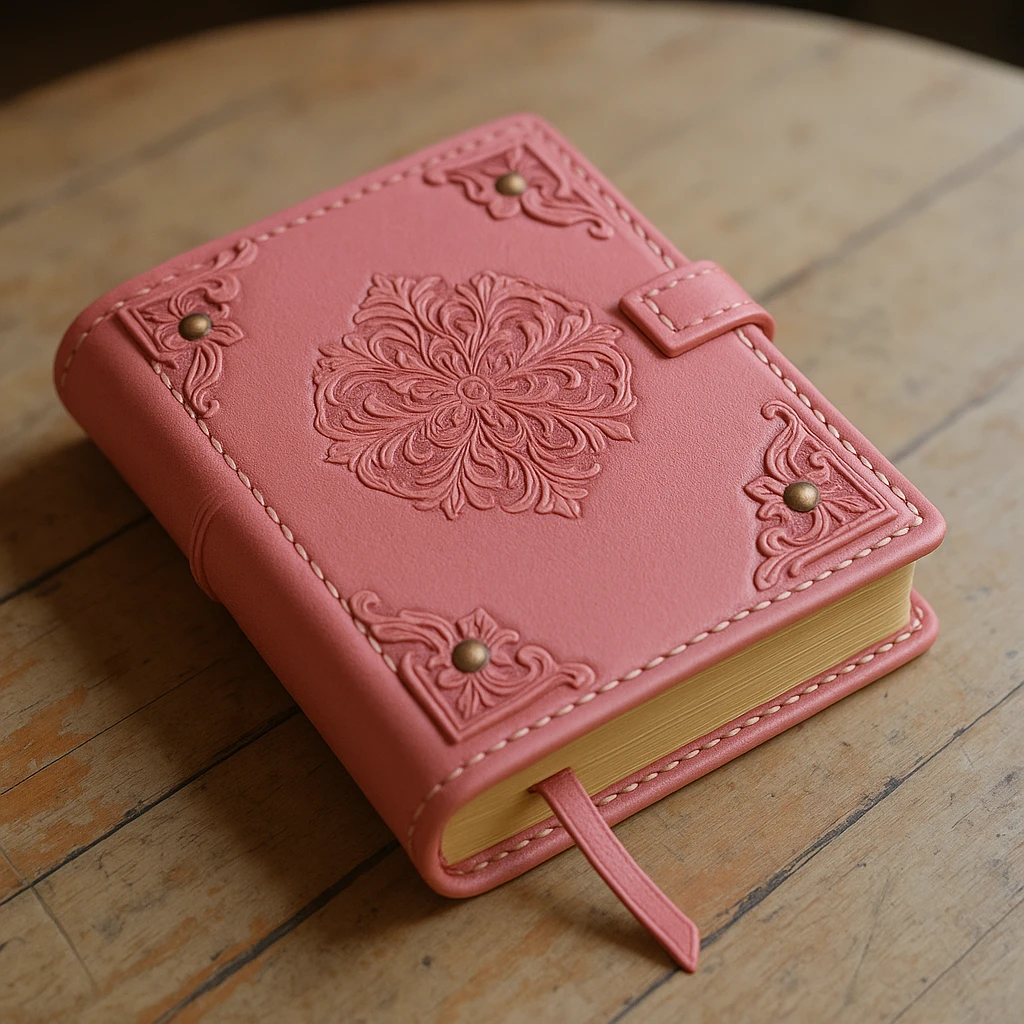 Change the leather cover of the diary to pink, diary closed with an embossed cover design, realistic and detailed style. emoji