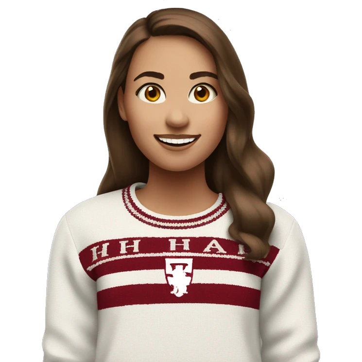 Girl with brown hair and white skin wearing a crimson and white sweater with the black crimson and white Harvard University logo on it  emoji