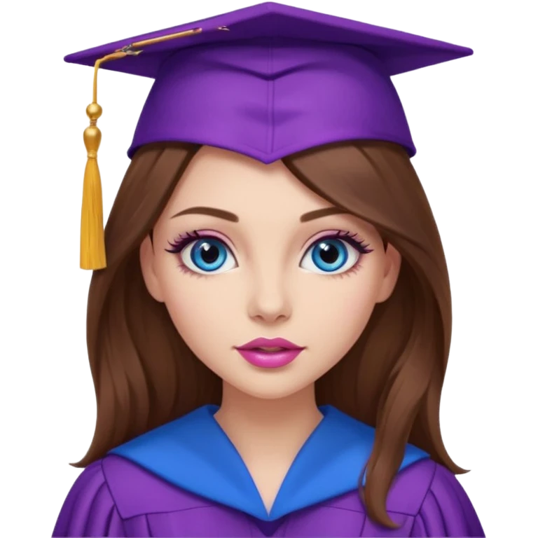 stunning girl with gorgeous long brown hair, blue eyes, long lashes makeup, sexy pink lips, wearing a purple graduation cap and gown emoji