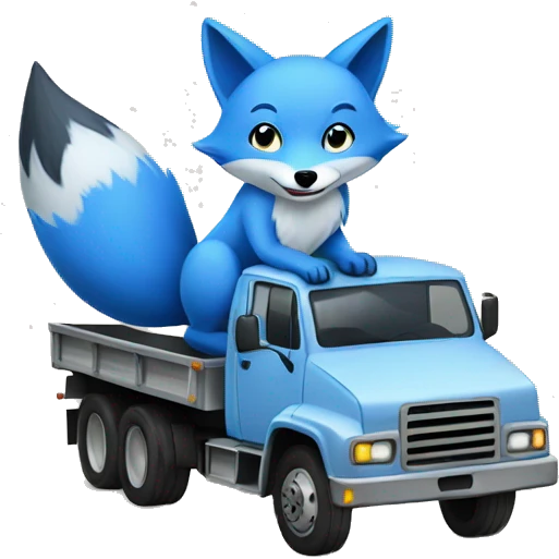 blue fox sits on a truck driving on the road emoji