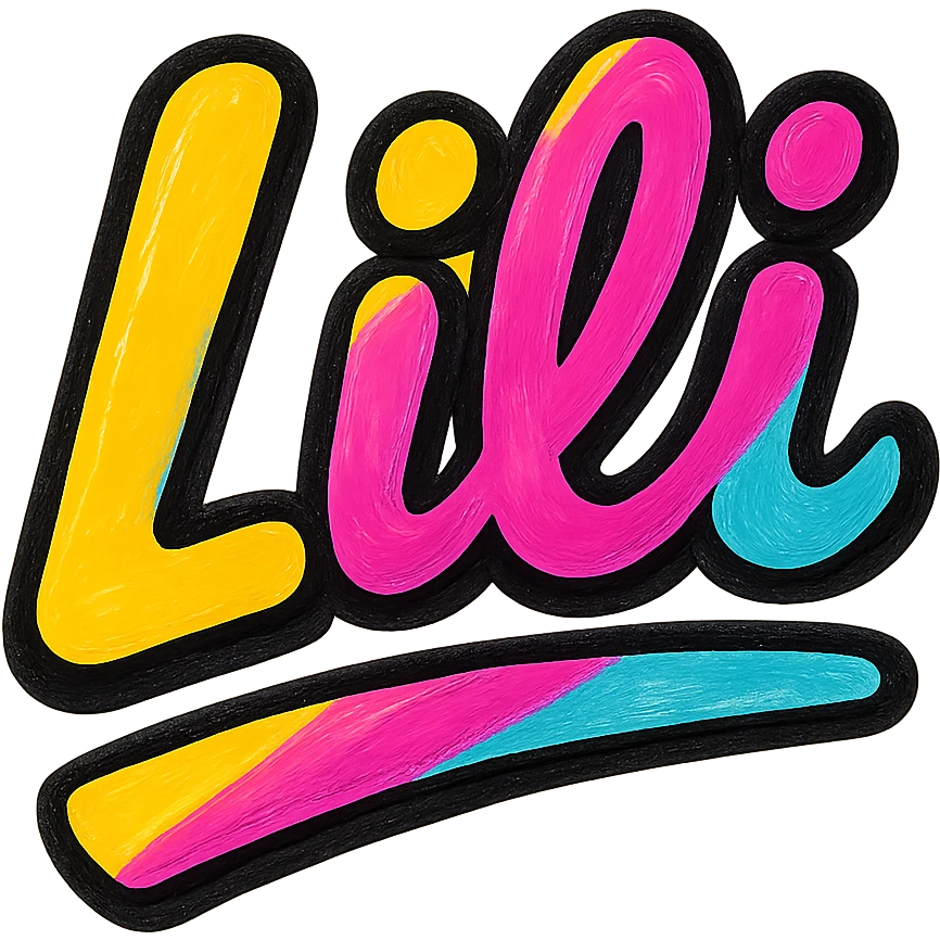 Lili name in modern colorful gradient font with dark outline, dynamic slanted or partial underline, transparent background, in the style of reference patterns emoji