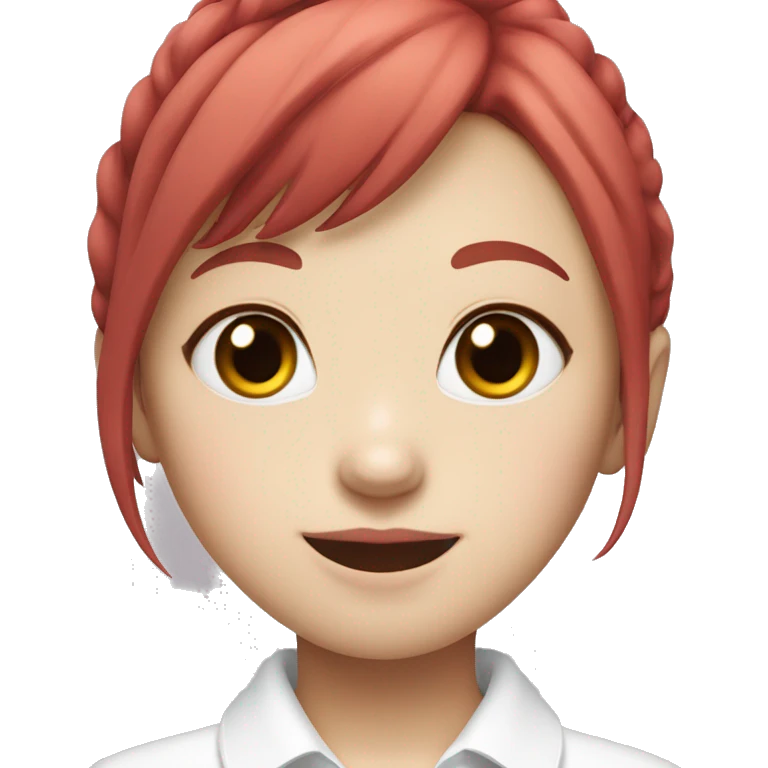 Pale Korean girl with red hair and bangs smiling with pink lips and white collared short sleeve shirt emoji
