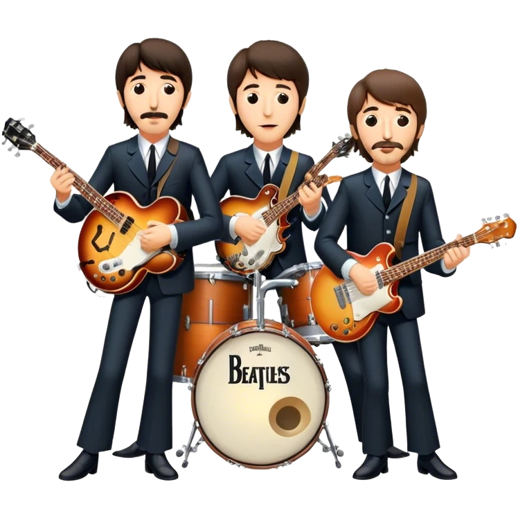 Rock music icon: The Beatles performing live on stage. John Lennon with guitar, Paul McCartney with bass, George Harrison with guitar, Ringo Starr on drums. Bright lights, energetic performance. Transparent background. emoji