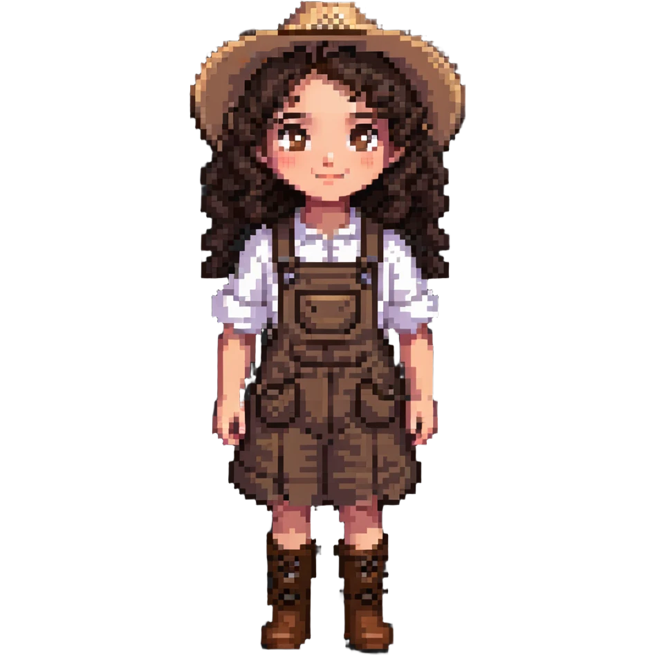 white girl with dark brown curly hair, brown eyes, wearing farm clothes emoji