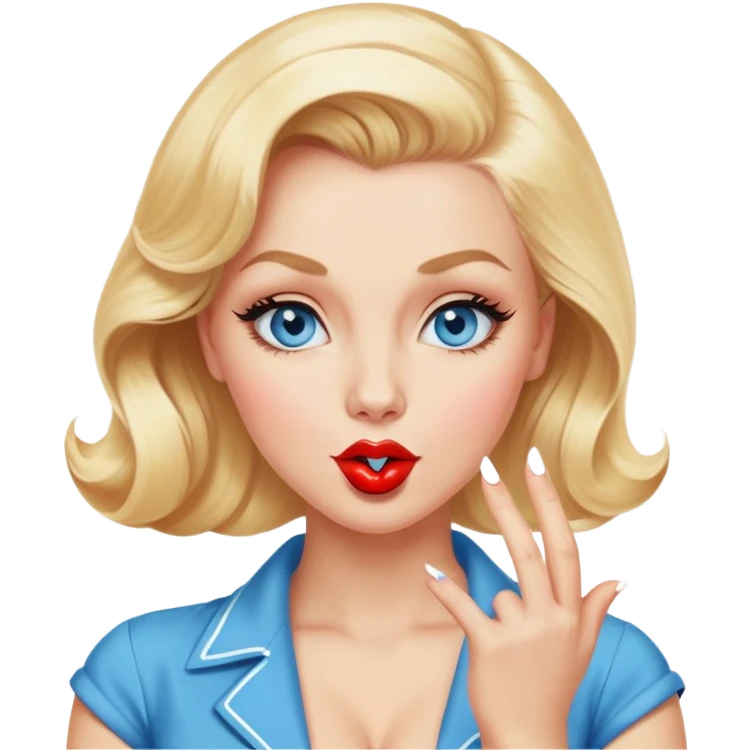 Blonde hair, blue eyed 50's style pinup blowing a kiss emoji