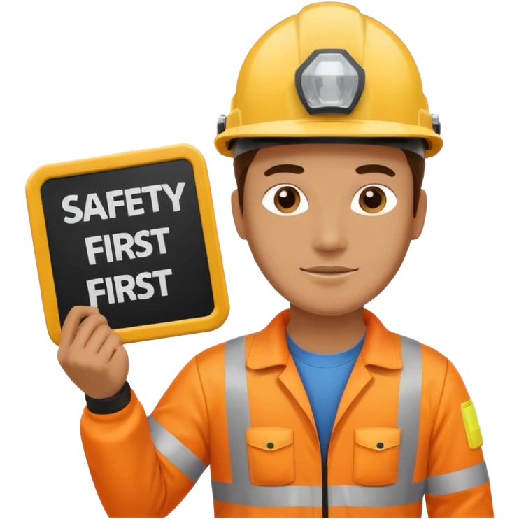 a guy wearing safety outfit with helmet holding a panel written on it SAFETY FIRST emoji