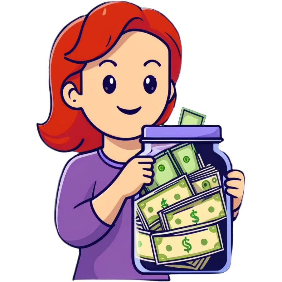 redhead woman with big smile holding glass jar with money bills inside emoji