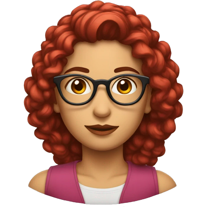 Mulher de óculos com cabelos cacheados e blusa vermelha  emoji