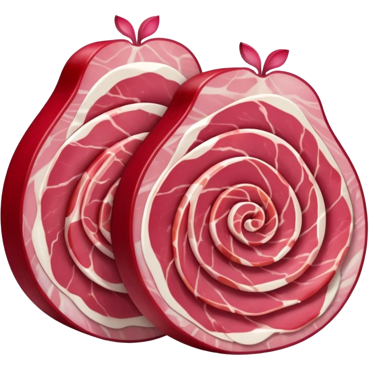 a pair or trio of thin folded cured ham slices, deep pink-red, delicate white fat marbling, smooth, translucent, curled edges, tender, apple emoji style, soft lighting, emoji scale emoji