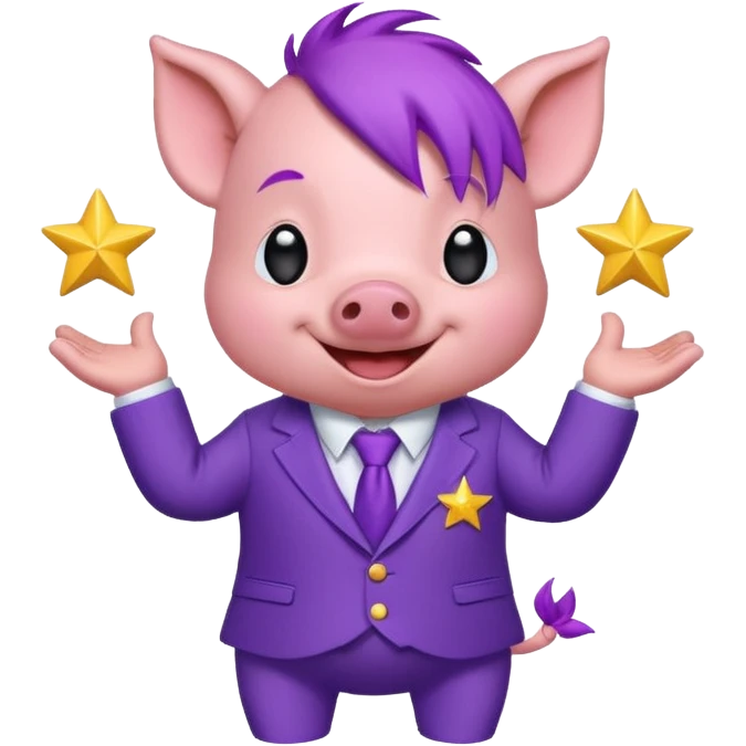 Sticker, a small cute funny purple piglet with purple hair, wearing a purple suit decorated with stars, ((cheerful, laugh)), surrounded by white outline, on transparent background emoji