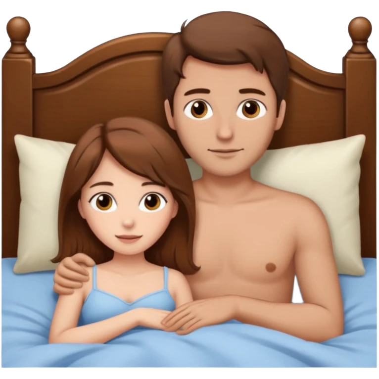 A girl with brown hair and a man with brown hair are lying together in bed.she is with naked boobs . she have a little boobs emoji