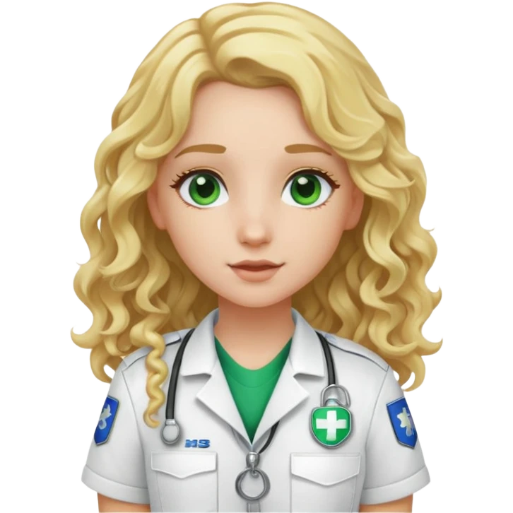 EMT girl with long curly blonde hair with white uniform green patch  emoji