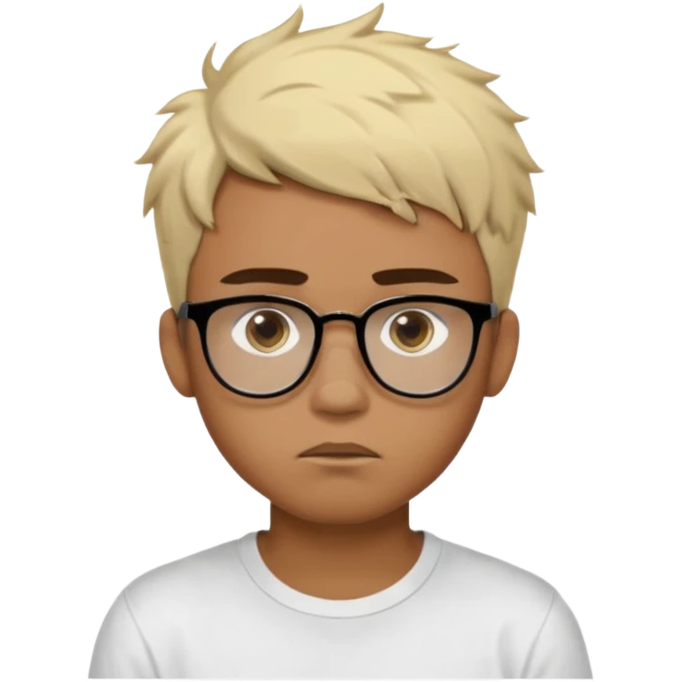 Teenager. Short buzz, messy blonde hair. Dark brown bushy eyebrows large expressive golden-brown eyes, brown skin color, scar over nose, wearing a plain white t-shirt. wearing clear thick black glasses. 20 year old male. thinking facial expression. brown skin color.  emoji