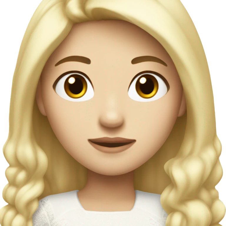a beautiful blonde half asian girl with fair skin (winter kim lookalike) wearing white dress half body emoji