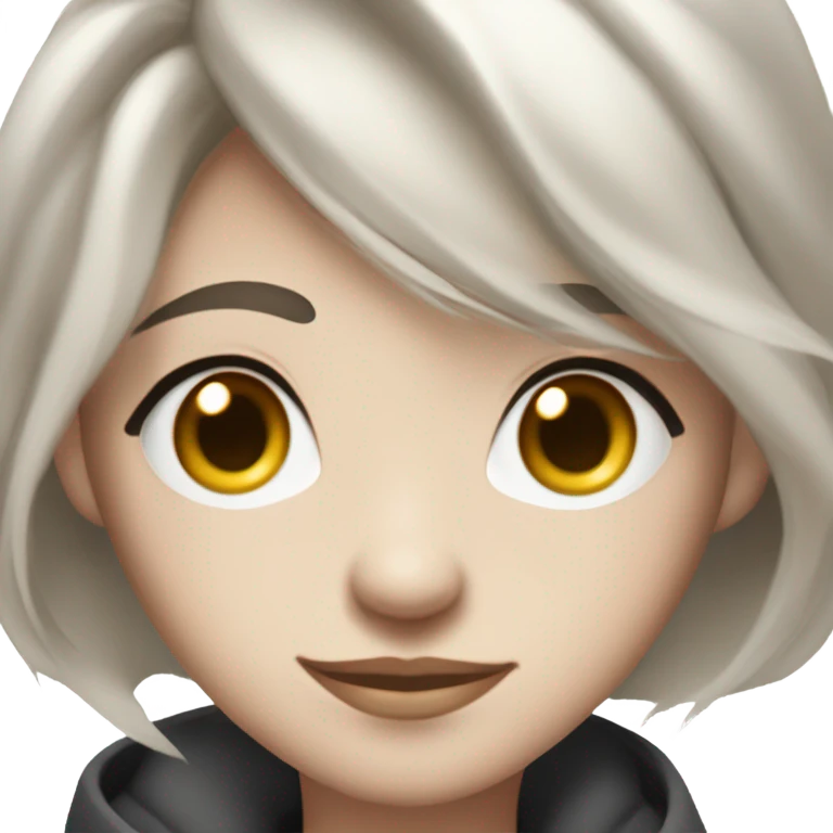 Create an Apple emoji-style digital portrait with a transparent background. The character has a sharp face shape, large almond-shaped eyes with double eyelids, and fair skin. The hairstyle is a short cut with an androgynous look, making it unclear whether the character is male or female. The expression is playful, with a wink and a mischievous smile. The character has small silver hoop earrings and a few subtle ear piercings. Only the face is visible, with no clothing included. emoji