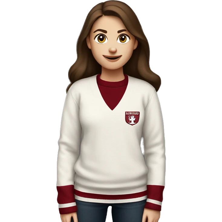 Girl with brown hair and white skin wearing a crimson and white sweater with the black crimson and white Harvard University logo on it  emoji