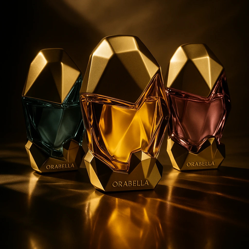 Create a cinematic, realistic 3D rendering of the Orabella fragrance bottle, matching the real design and colors, with dramatic shadows and a high-end commercial look. Emphasize contrast and luxury feel. emoji