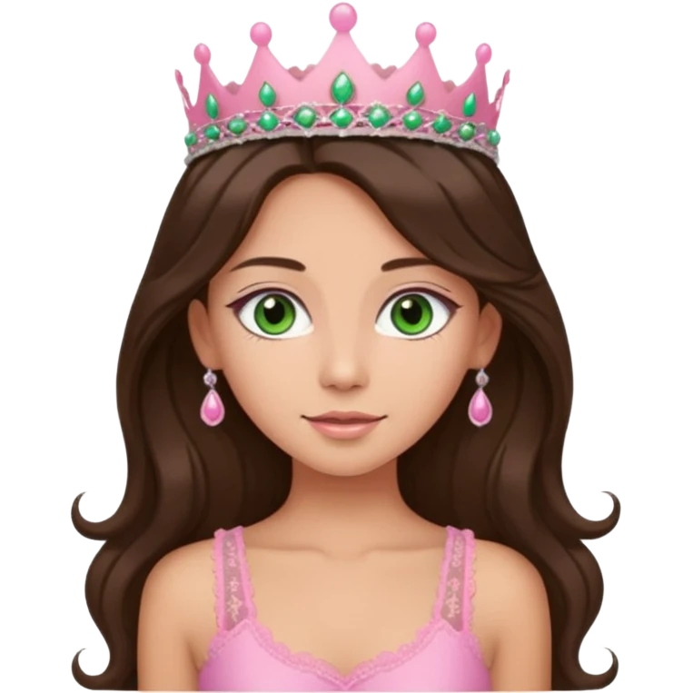 super long haired brunette with middle part cute pink lacy tank with a pink tiara on head, white but tan green eyes  emoji