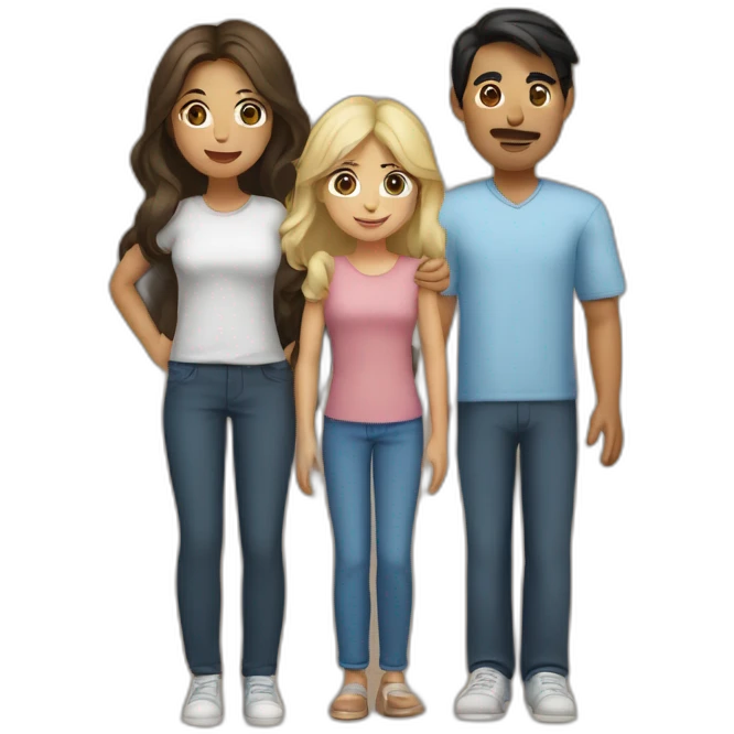 Family 4 people. I (blind girl blue eyes), dad (with black hair), mom (long blond hair) and brother with brown hair hud each other emoji