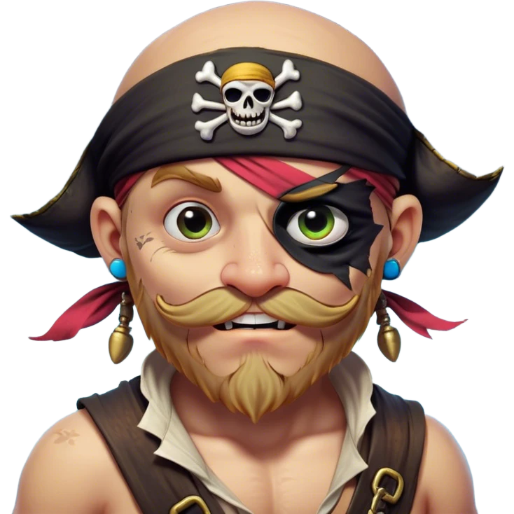 Clash of Clans aesthetic Comical Pirate Portrait Emoji, Head tilted dramatically with an exaggerated, fun expression and wide, comically expressive eyes behind a quirky eye patch, featuring a rugged yet cartoonish build with a playful bandana and natural skin tone, Simplified yet hilariously expressive features, highly detailed, glowing with a slightly sassy oceanic glow, high shine, dramatic yet playful, stylized with an air of cheeky maritime mischief, soft glowing outline, capturing the essence of a meme-worthy pirate who brings humor to epic quests! emoji