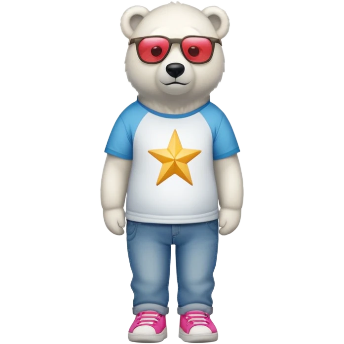 friendly anthropomorphised polar bear standing upright, looking chilled and unbothered, wearing a shirt, jeans, trainers, oversized colorful star glasses emoji