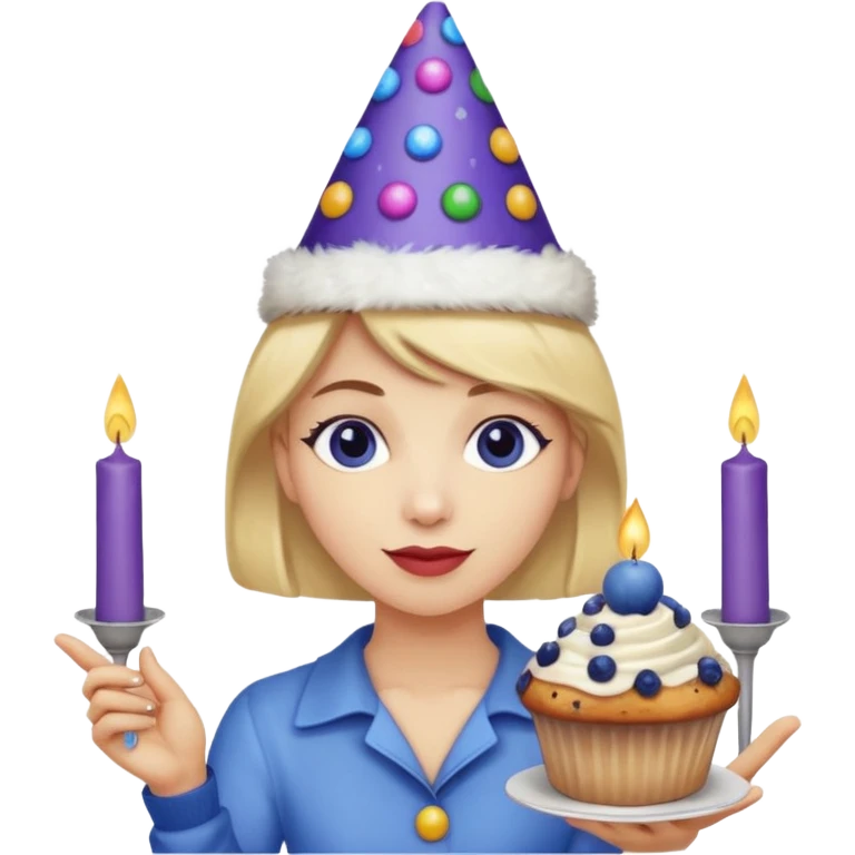 Blueberry Muffin celebrating birthday. Make sure it actually looks like a muffin with candles. Somebody holding it with party hat  emoji