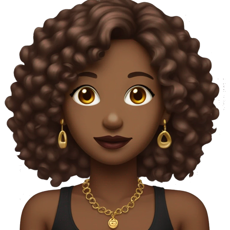 Female with curly cherry chocolate hair, burgundy eyes and medium skin. She wears make-up, a black tank top and gold jewelry emoji