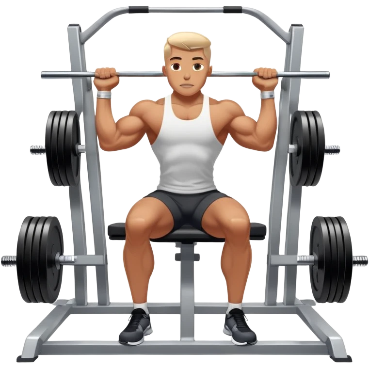 A focused athlete working out on a strength training machine in a modern gym. Muscles engaged, expression determined, demonstrating power and endurance. The gym is filled with equipment like dumbbells, barbells, and mirrors reflecting effort, creating a high-energy atmosphere. emoji