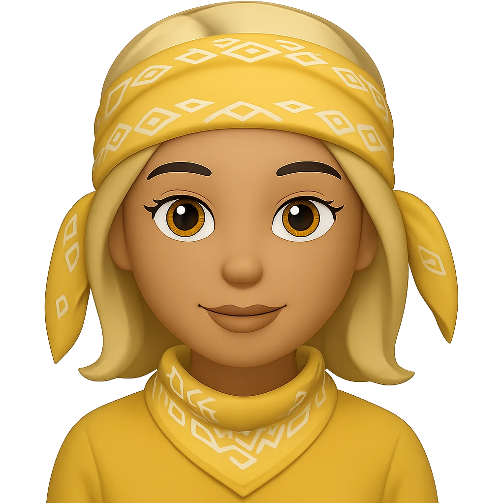 Create an image of a woman with a yellow bandana in the style of Apple emojis, with no background. The style should mimic the look of Apple emojis. emoji