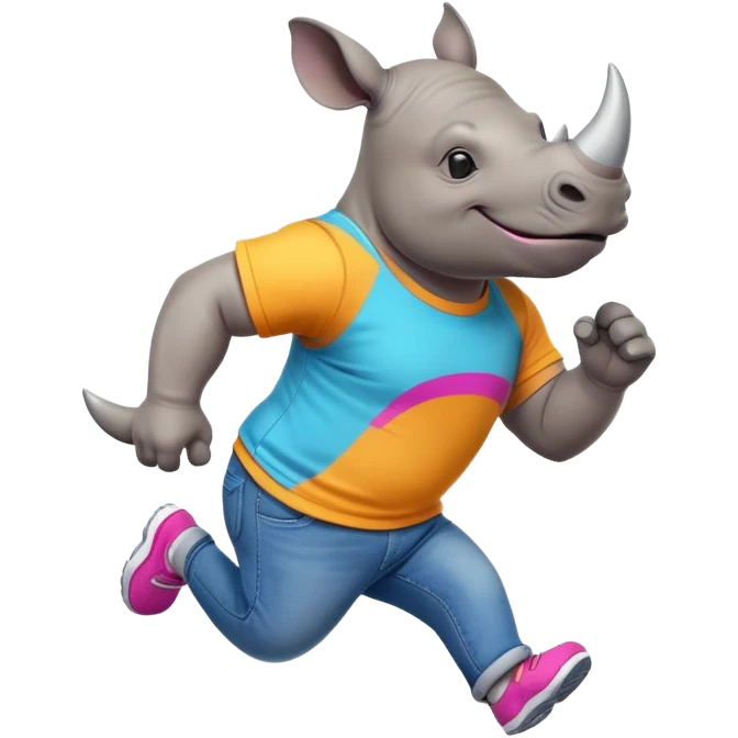 friendly anthropomorphised rhino in jeans and colourful t-shirt, wearing dark sunglasses, jogging upright, jumping with excitement, standard pose emoji