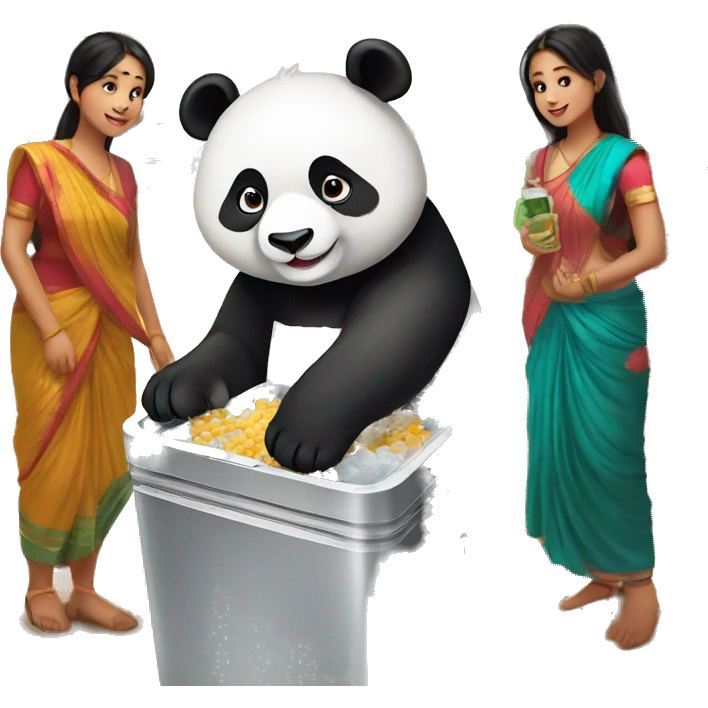 Cute panda standing in india while having air from a cooler in a crowded village of india emoji