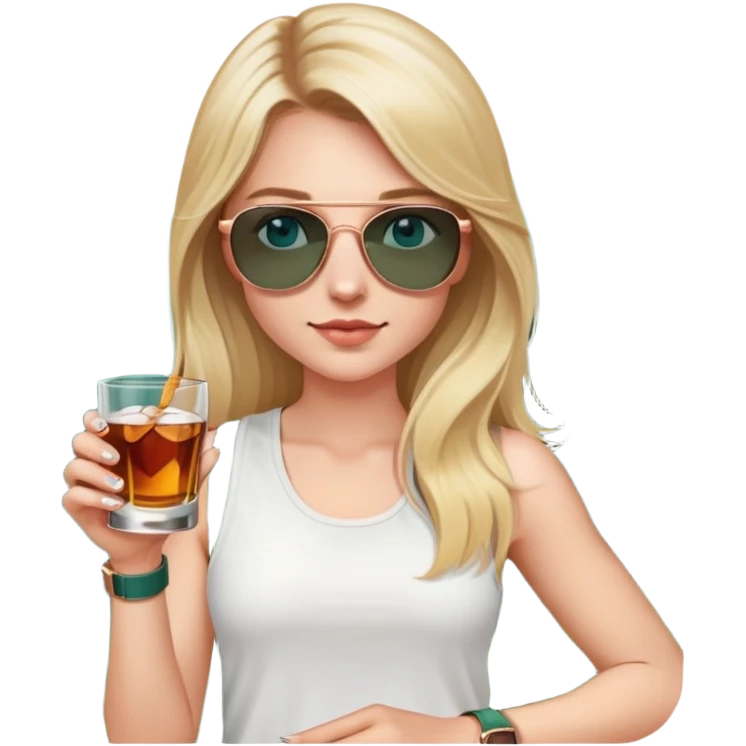 girl with long blond hair
with blue eyes
and aviator sunglasses
wearing white tank top 
holding a glass of whiskey 
wearing rose gold apple watch with forest green band  emoji