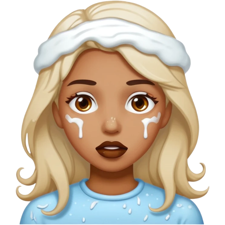 white icing on woman just on the mouth and eye area more splattered not in the hair emoji