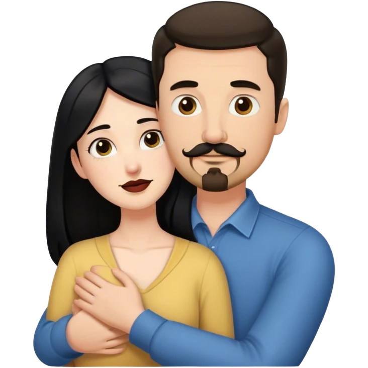Tall white man with brown mustache and goatee hugging a short pale woman with long black hair emoji