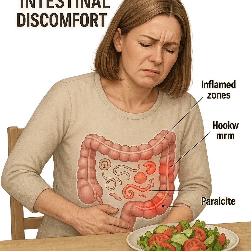 adult woman, realistic infographic style, intestinal discomfort, transparent intestine illustration with parasite icons and inflamed zones, sitting at table with salad, suffering expression, light background emoji