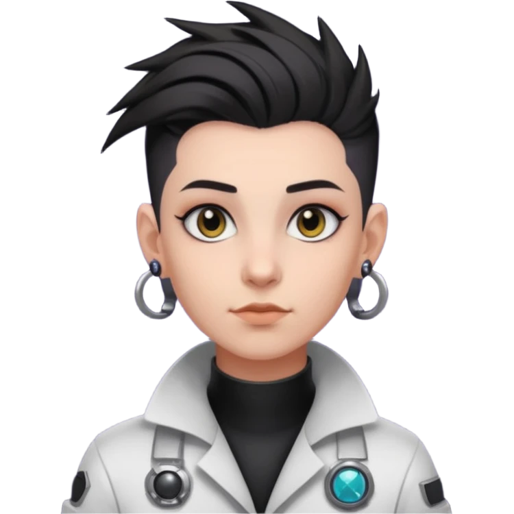 nonbinary space scientist with dark hawk hair and shaved sides, black bridge piercing and ear tunnels emoji
