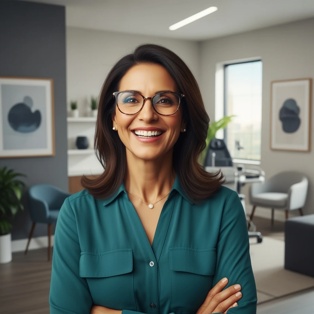 TV Advertising of a smiling woman with glasses smiling, minimalistic ophthalmologist interior in background, leading  lines, rule of thirds emoji
