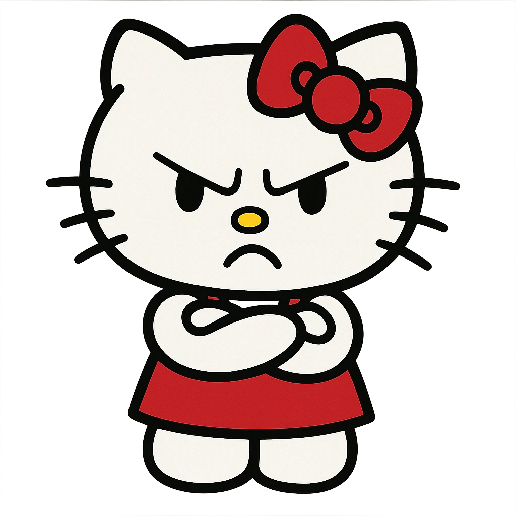 angry hello kitty, classic cartoon style, red bow, frowning, arms crossed emoji