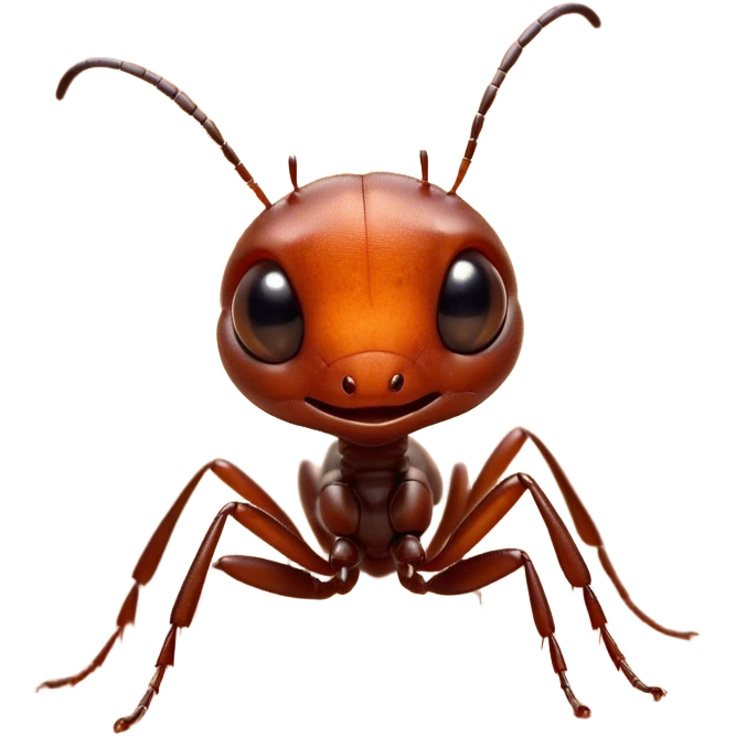 Cinematic Cute Ant Portrait Emoji, Head tilted playfully and inquisitively, featuring a minuscule, charming body with a delicately textured exoskeleton and round, sparkling eyes brimming with curious mischief, Simplified yet irresistibly adorable features, highly detailed, glowing with a warm, inviting earthy glow, high shine, affectionate and lively, stylized with a touch of whimsical industrious charm, soft glowing outline, capturing the essence of a mischievous ant that seems as if it could scurry out of the screen into your arms! emoji