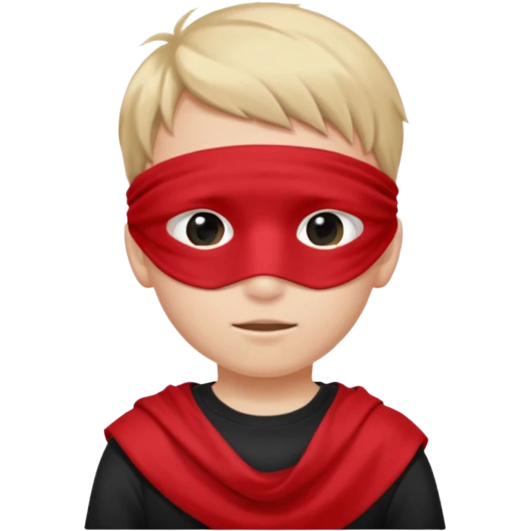 boy wearing red cloth over only eyes boy wears black t-shirt emoji