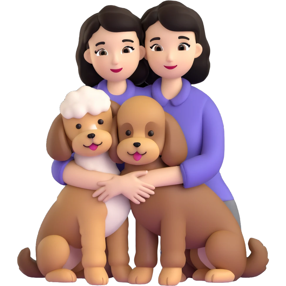 Woman with short black straight hair hugging a brown poodle and a white bichon frise emoji