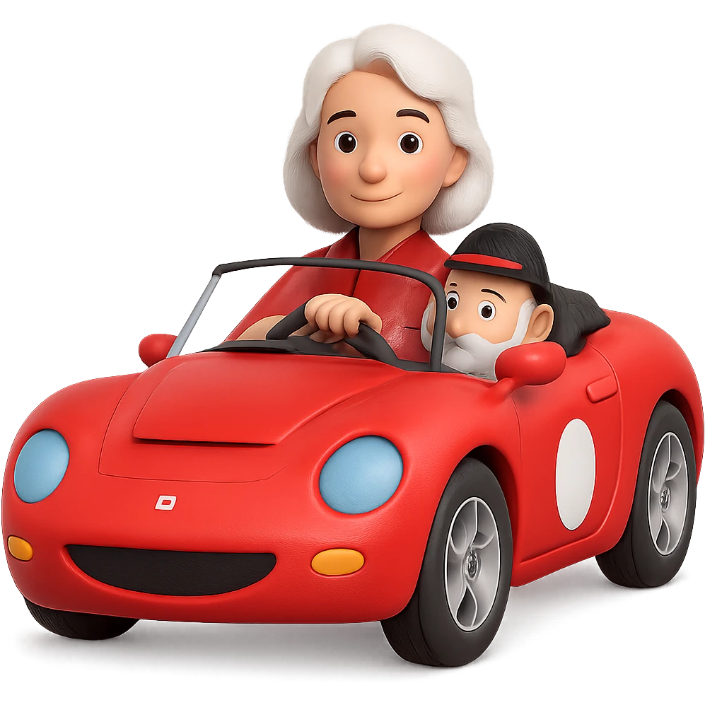 Make this mother with white hair driving a red sports car look 10% more realistic in the style of 3D Emoji, keep the 3D emoji style, no background. emoji