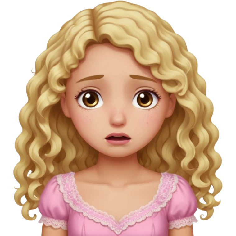 the girl is that criying with tears she has brown eyes and blond long hair curly pink dress  emoji