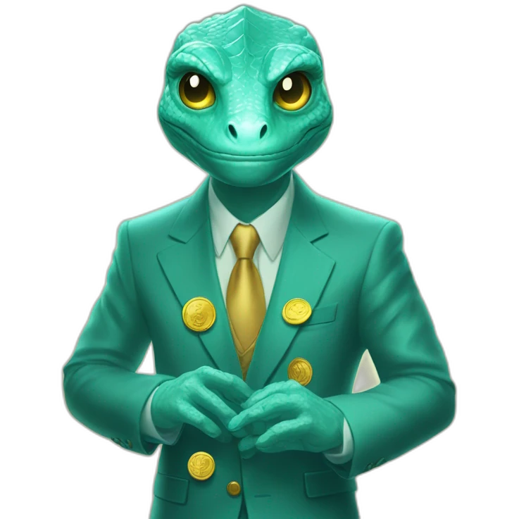 Aquamarine reptilian in classic suite with laser eyes on the golden coin in background emoji