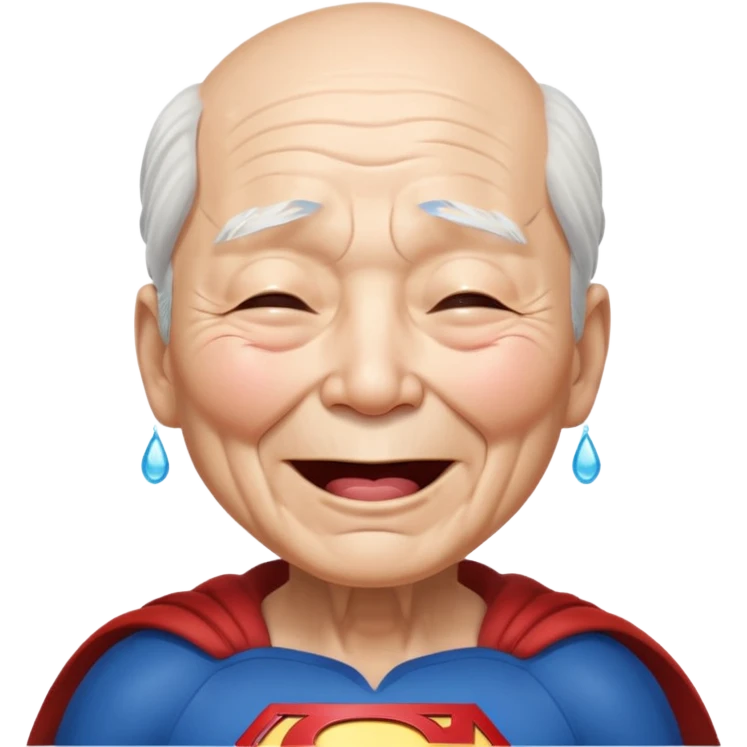 Chinese elderly dressed as Superman laughing exeedingly with closed eyes and tear drops emoji