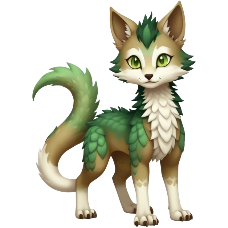 Kawaii dark cute brown beige white fantasy ethereal feline-vernid-sergal-fursona animal creature with a tufted tail full body with intricate markings, hazel-gold-green eyes emoji