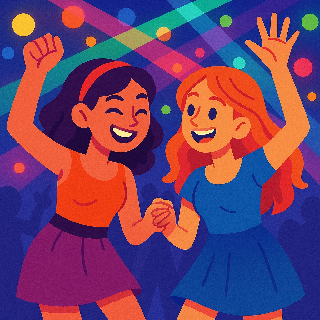 two girls dancing together at a party, festive mood, colorful lights, joyful, celebration emoji